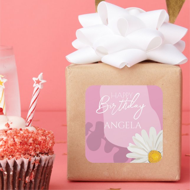 Pegatina Cuadrada Daisy blanco de verano rosado Feliz cumpleaños Fie (Fiesta)
