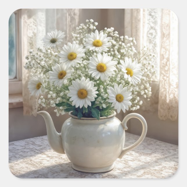 Pegatina Cuadrada Daisy Bouquet in an Antique Teapot (Anverso)