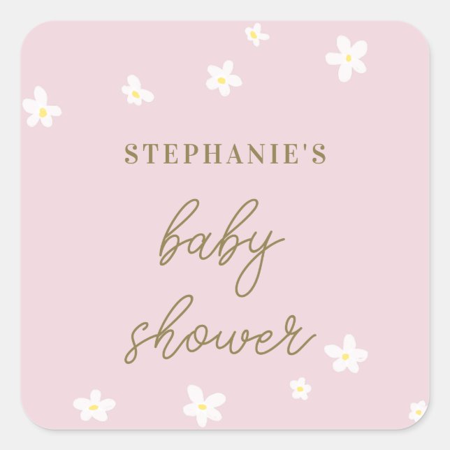 Pegatina Cuadrada Daisy Daisy Pink Gold Caligraphy Baby Girl Shower (Anverso)