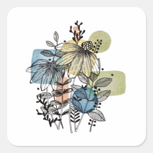 Pegatina Cuadrada Daisy Doodle En Tinta Y Acuarela