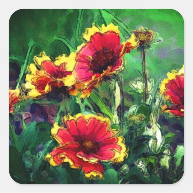 Pegatina Cuadrada Daisy Flowers Watercolor Art (Anverso)