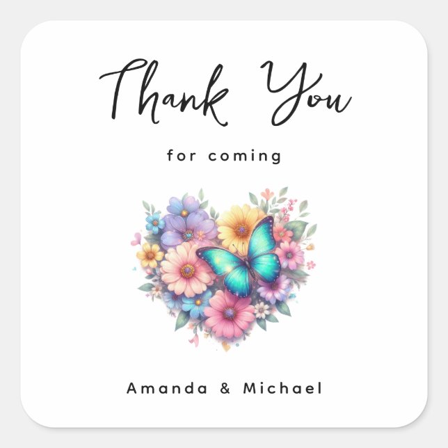 Pegatina Cuadrada Daisy Flowers with a Blue Butterfly Thank You (Anverso)