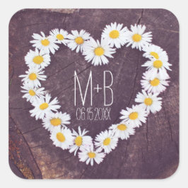 Pegatina Cuadrada Daisy Heart Rústico Matrimonio personalizado favor