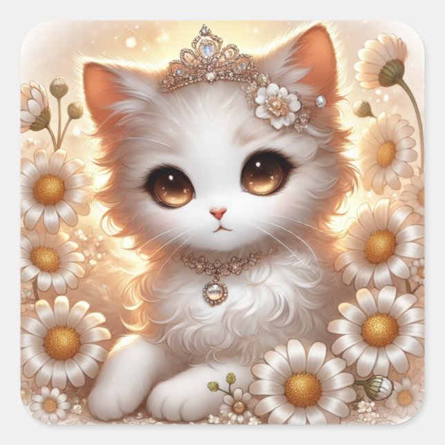 Pegatina Cuadrada Daisy Princess Cat (Anverso)