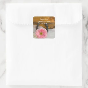 Pegatina Cuadrada Daisy rosa y Boda occidental herradura gracias