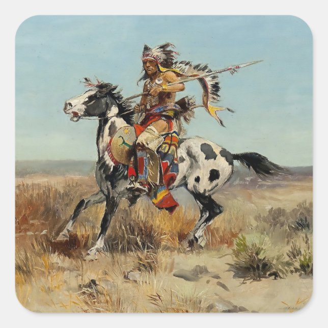 Pegatina Cuadrada "Dakota Chief" por Charles M Russell (Anverso)