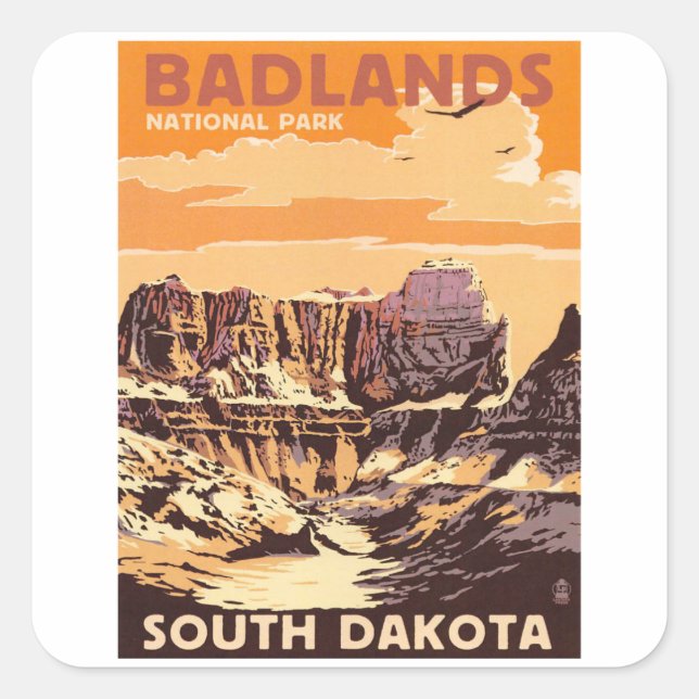 Pegatina Cuadrada Dakota de Badlands - Viajes de época (Anverso)