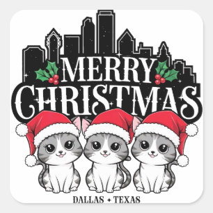 Pegatina Cuadrada Dallas City Texas Merry Christmas Cats USA
