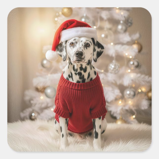 Pegatina Cuadrada Dálmata de Navidad con un Suéter Rojo (Anverso)