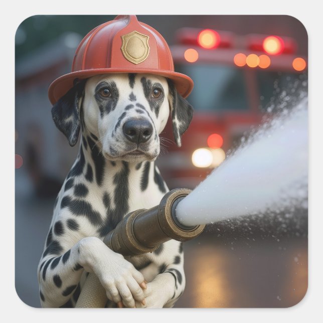 Pegatina Cuadrada Dalmatian Dog With a Fire Hose (Anverso)