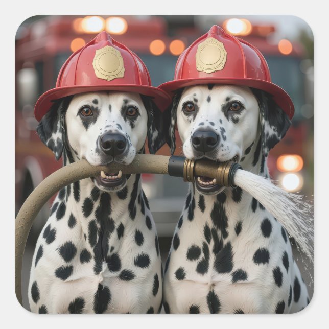 Pegatina Cuadrada Dalmatian Dogs Holding a Fireman Hose (Anverso)