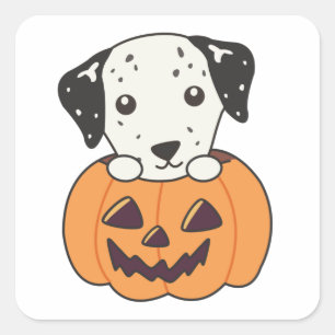 Pegatina Cuadrada Dalmatian En Calabaza Dulces Perros Feliz Hallowee