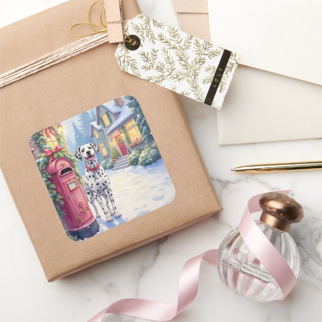 Pegatina Cuadrada Dalmatian Festive Mailbox Christmas Art (Regalar)