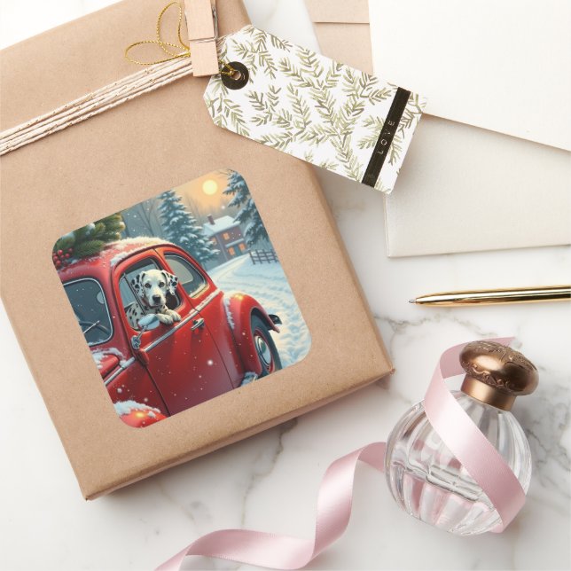 Pegatina Cuadrada Dalmatian Snowy Car Ride Christmas Painting (Regalar)