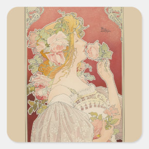 Pegatina Cuadrada Dama Art Nouveau Belle Époque Rosas Livemont