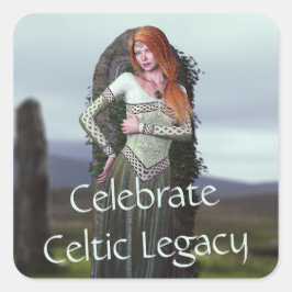 Pegatina Cuadrada Dama celta posando frente a antiguas piedras