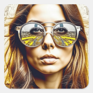 Pegatina Cuadrada Dama con reflexión en sus gafas de sol Ai Art