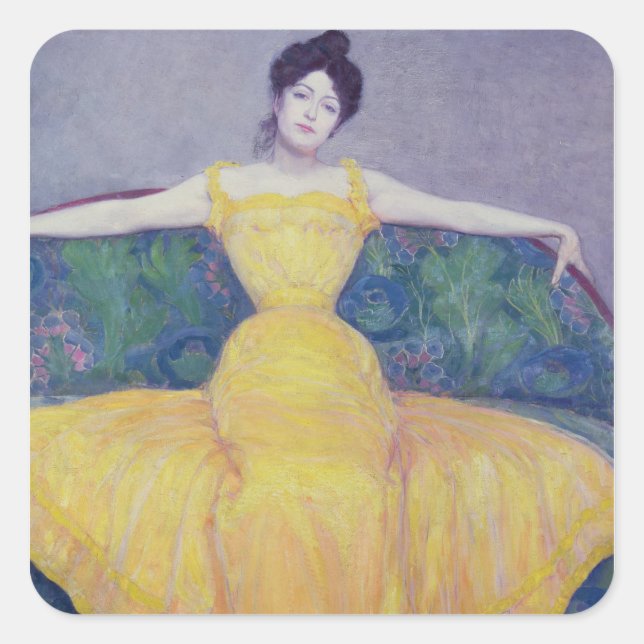 Pegatina Cuadrada Dama con vestido amarillo, 1899 (Anverso)