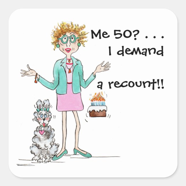 Pegatina Cuadrada Dama de cabello rojo cumple 50 años y protesta