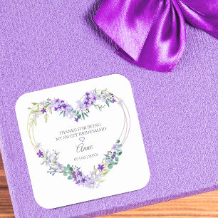 Pegatina Cuadrada Dama de honor Corazón floral acuarela en púrpura