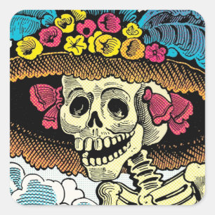 Pegatina Cuadrada Dama de la Calavera Azucarada con Sombrero Floral 