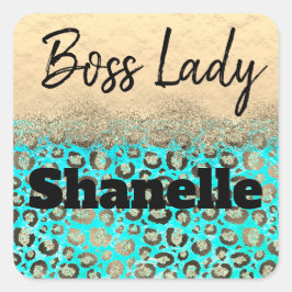 Pegatina Cuadrada Dama de la dama del leopardo turquesa y Purpurinos