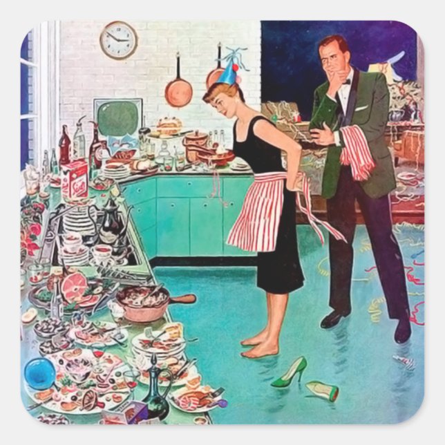 Pegatina Cuadrada Dama de limpieza de época retro (Anverso)