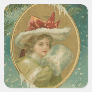 Pegatina Cuadrada Dama de Navidades victorianos de época