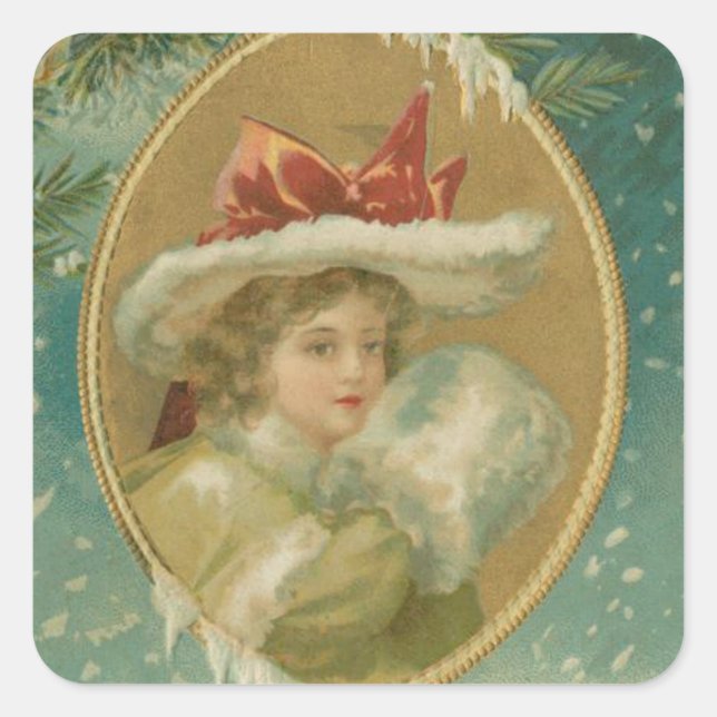 Pegatina Cuadrada Dama de Navidades victorianos de época (Anverso)