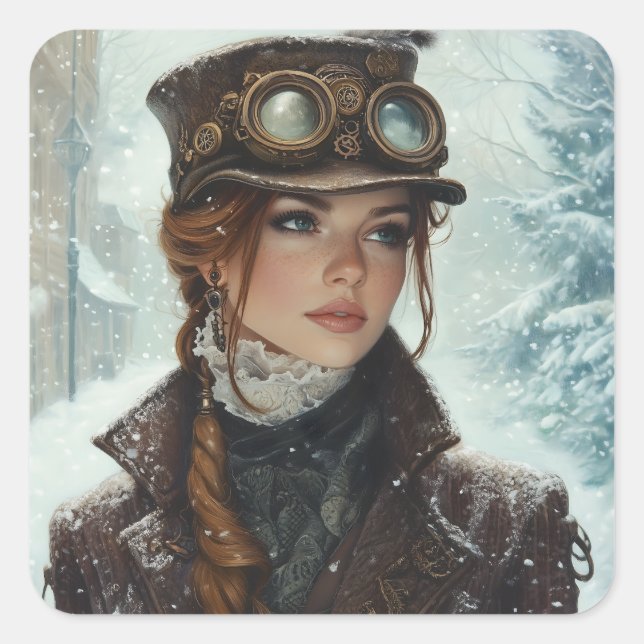 Pegatina Cuadrada Dama de Steampunk en invierno (Anverso)