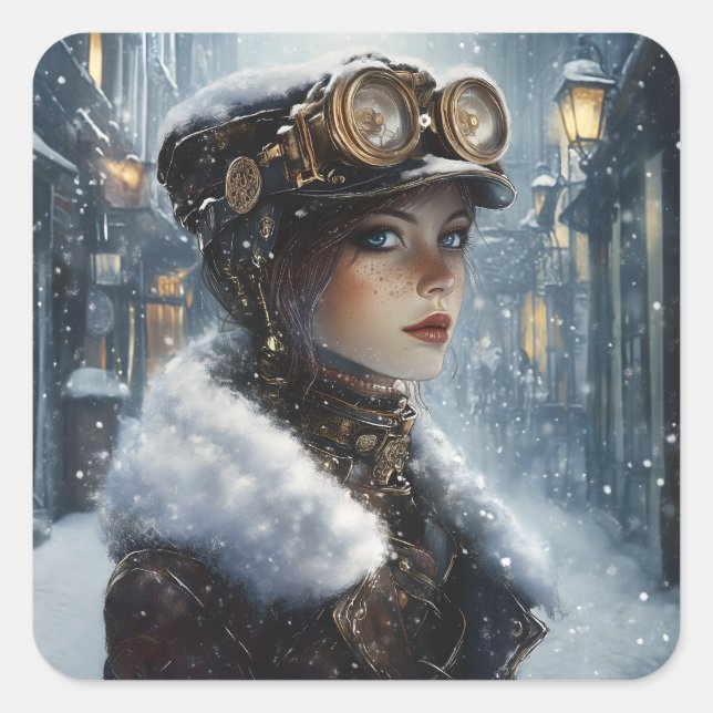 Pegatina Cuadrada Dama de Steampunk en invierno (Anverso)