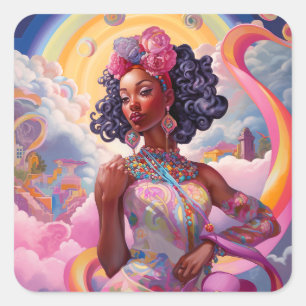 Pegatina Cuadrada Dama De Surreal Mundo Arte Afroamericano Rosa