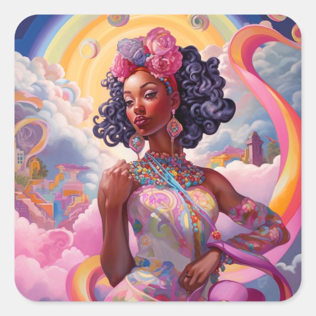 Pegatina Cuadrada Dama De Surreal Mundo Arte Afroamericano Rosa (Anverso)
