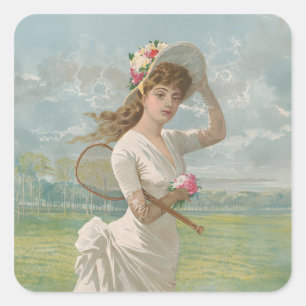 Pegatina Cuadrada Dama de tenis victoriana con sombrero floreado ant