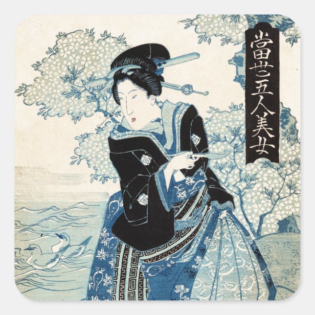 Pegatina Cuadrada Dama de ukiyo-e geisha japonesa (Anverso)