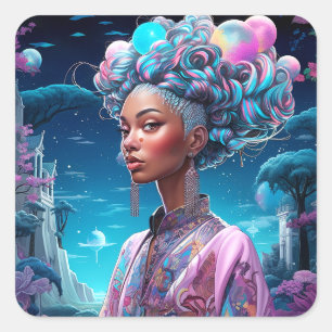 Pegatina Cuadrada Dama En Mundo Surrealista El Arte Afroamericano Pú