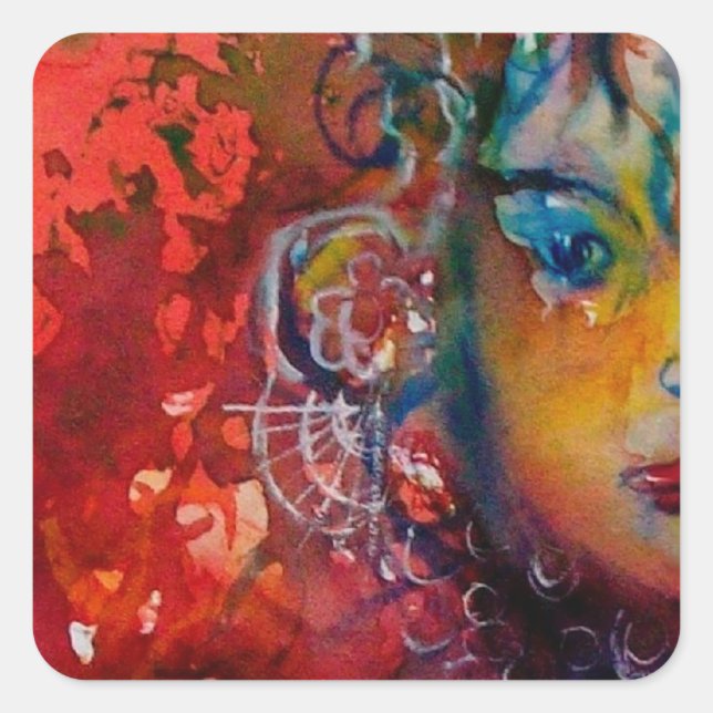 Pegatina Cuadrada Dama EXCALIBUR Del Lago, Fantasía Roja (Anverso)