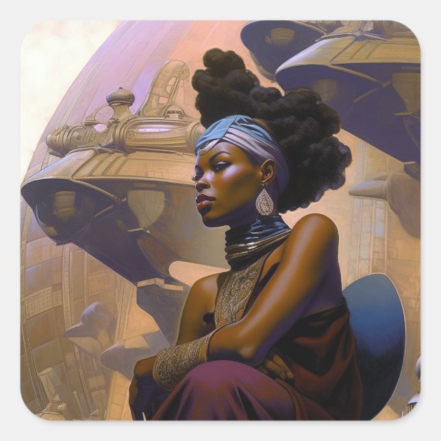 Pegatina Cuadrada Dama futurista afroamericana (Anverso)
