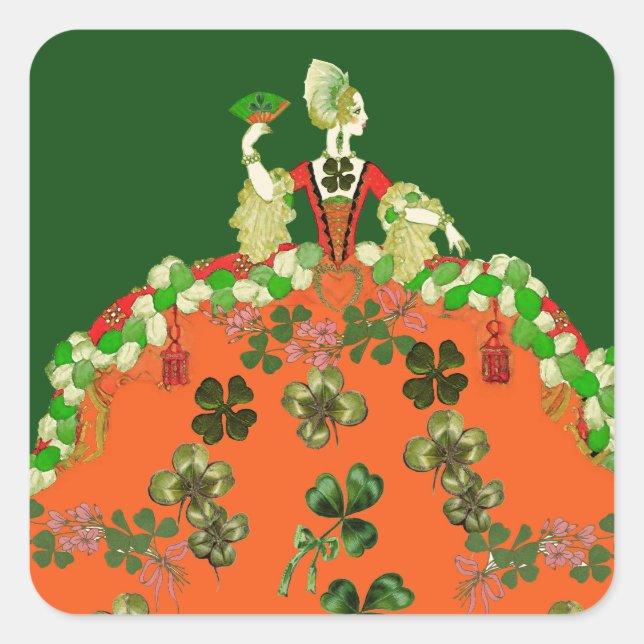 Pegatina Cuadrada DAMA NARANJA Y SHAMROCKS St Patricks Day Green (Anverso)