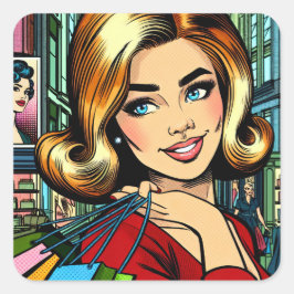 Pegatina Cuadrada Dama Retro con bolsas de compras a mediados del si