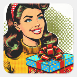 Pegatina Cuadrada Dama retro sosteniendo un regalo de cumpleaños