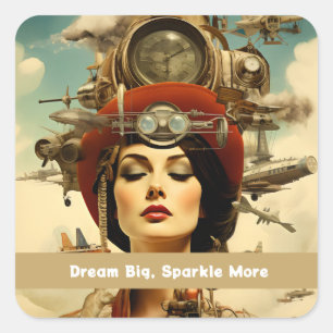 Pegatina Cuadrada Dama Steampunk Sueña Grande, Brilla Más