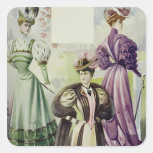 Pegatina Cuadrada Dama victoriana -Vintage francés de moda-marrón