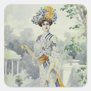 Pegatina Cuadrada Dama victoriana-Vintage Francés Vestido de Moda-Bl
