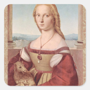 Pegatina Cuadrada Dama y el unicornio arte clásico de Raphael