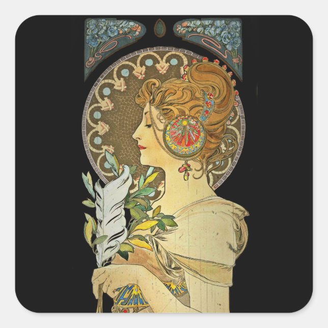 Pegatina Cuadrada Dama y pluma parisinas 1899 (Anverso)