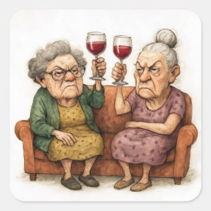 Pegatina Cuadrada Damas ancianas gruñonas con vino tinto