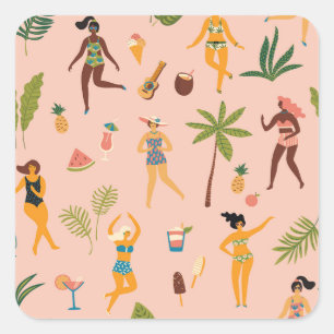 Pegatina Cuadrada Damas De Bañera: Danza Tropical Vintage