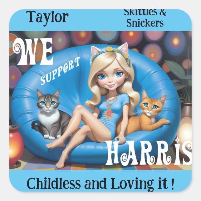 Pegatina Cuadrada Damas de gato sin hijos y graciosas personalizados (Anverso)