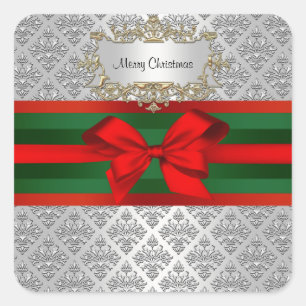 Pegatina Cuadrada Damasco blanco de color plateado vintage 3 Navidad